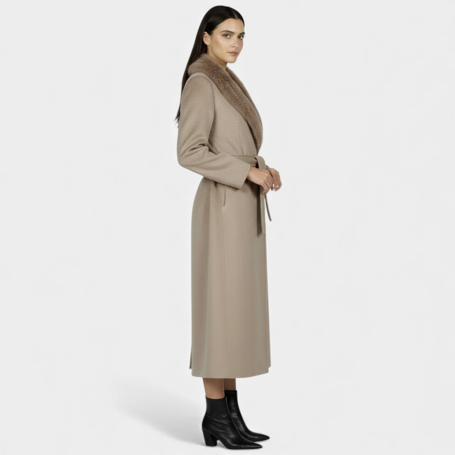 Elegant women’s long wool coat with fur collar by Lumina Wear, featuring a sophisticated design and plush fur detailing.
