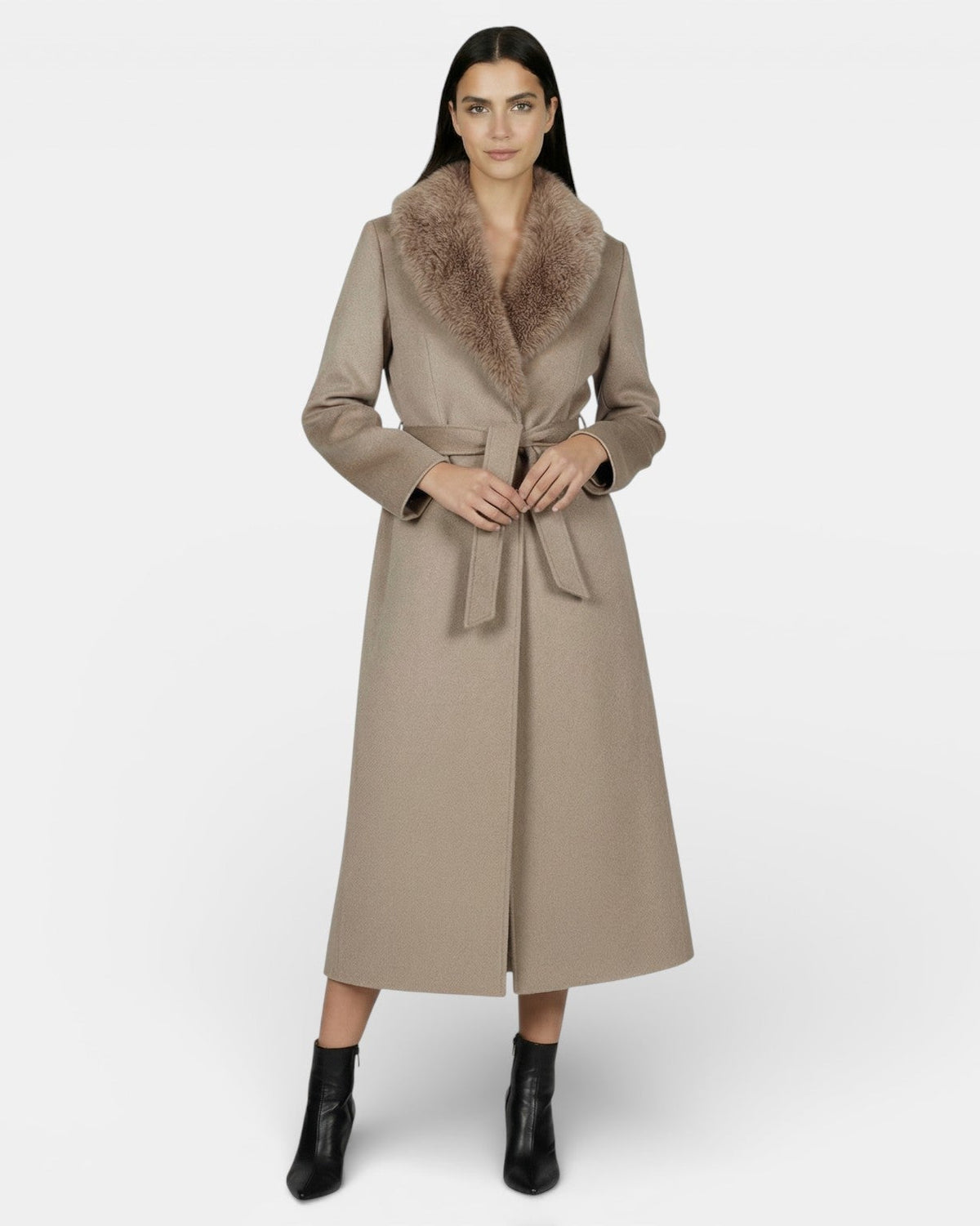Elegant long wool coat with fur collar by Lumina Wear, showcasing a stylish and sophisticated outerwear piece.
