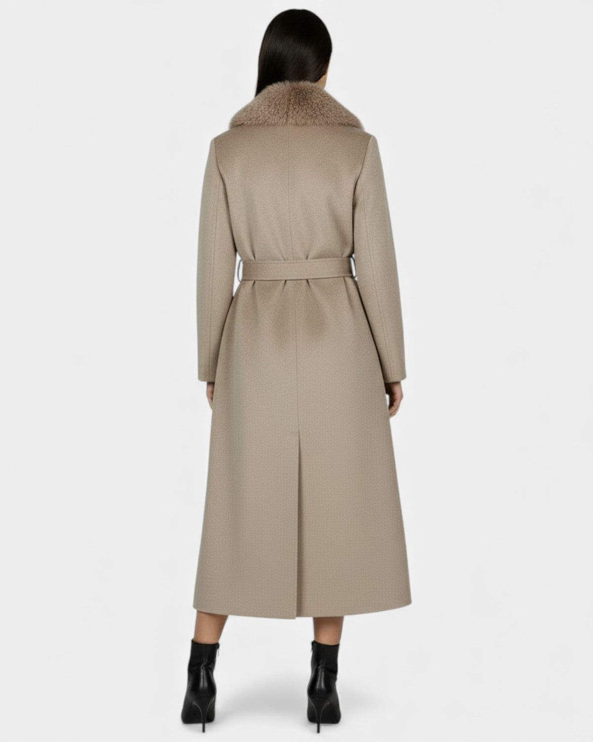 Luxurious long wool coat with fur collar by Lumina Wear, featuring a tailored fit and elegant design for sophisticated winter style.