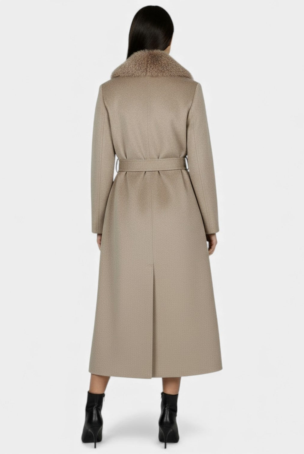 Elegant long wool coat with fur collar from Lumina Wear, featuring a tailored design and luxurious detailing for women.