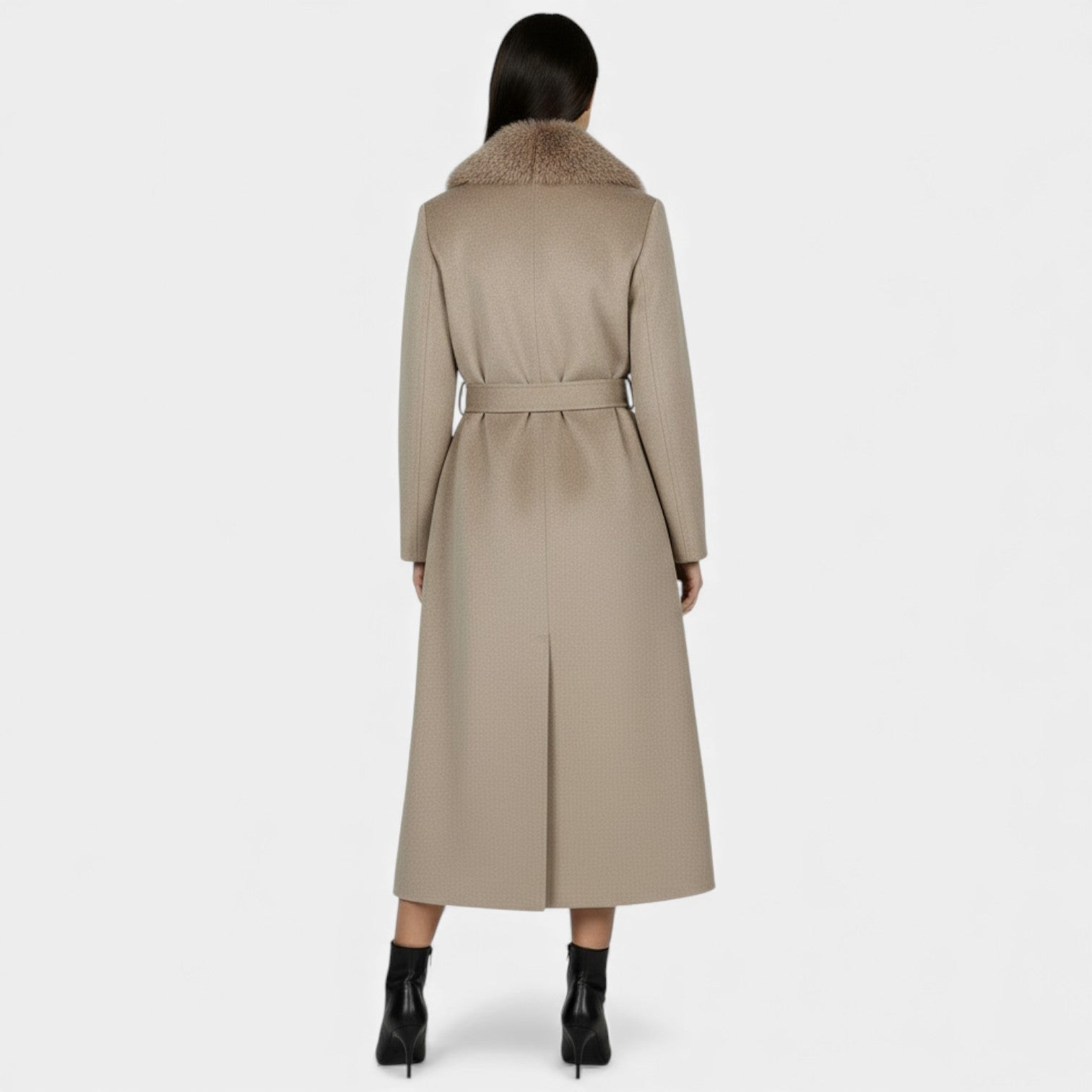 Elegant long wool coat with fur collar from Lumina Wear, featuring a tailored design and luxurious detailing for women.