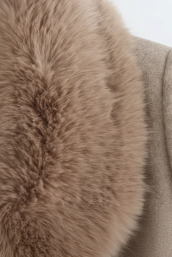 Elegant long wool coat with fur collar by Lumina Wear, modeled in a stylish outdoor setting.