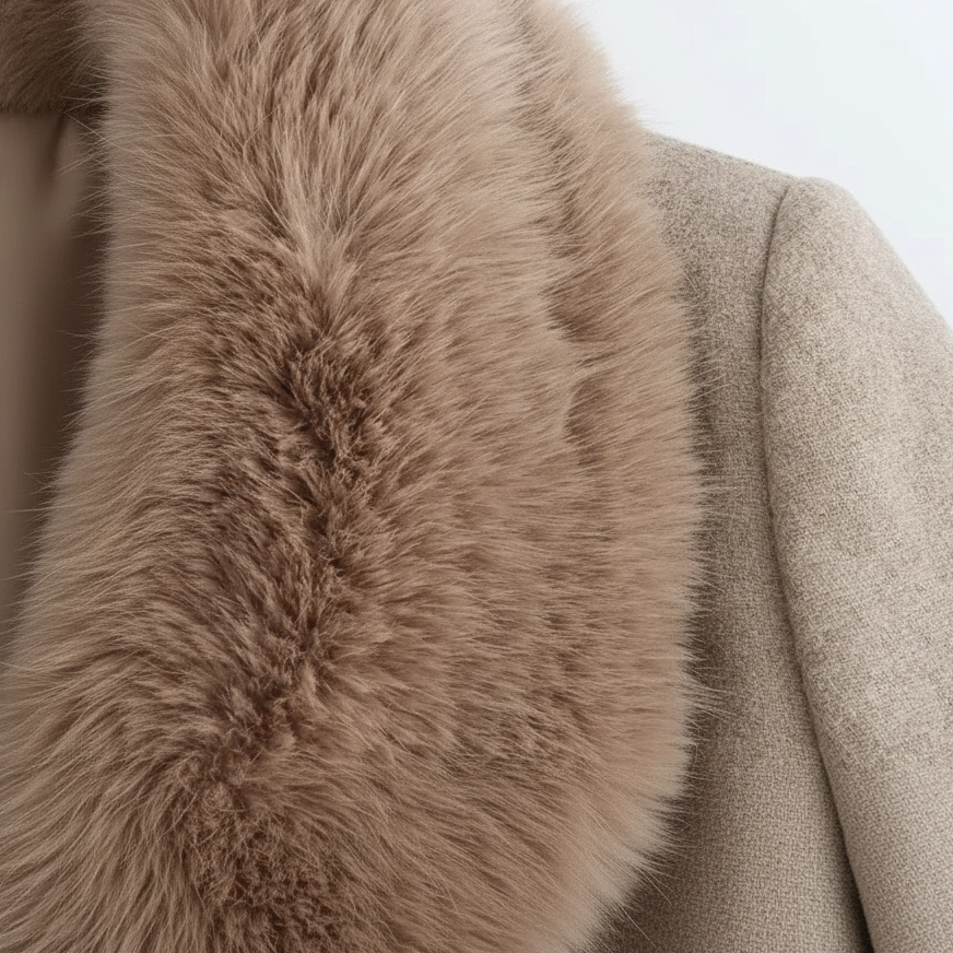 Elegant long wool coat with fur collar by Lumina Wear, modeled in a stylish outdoor setting.