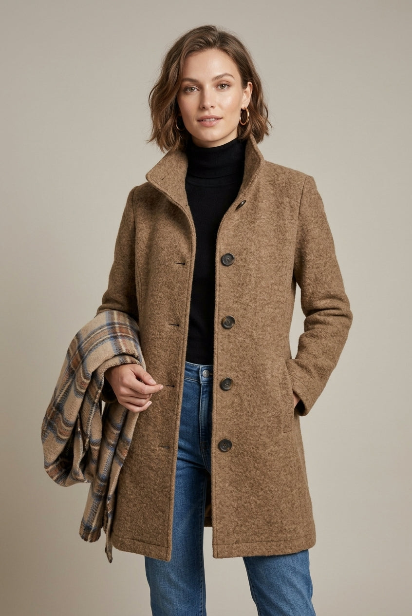 Elegant women's wool coat with notch collar and button front by Lumina Wear, mid-length style perfect for sophisticated outerwear.