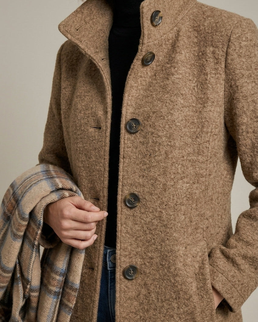 Elegant mid-length wool coat by Lumina Wear featuring a notch collar and button front, displayed on a neutral background.