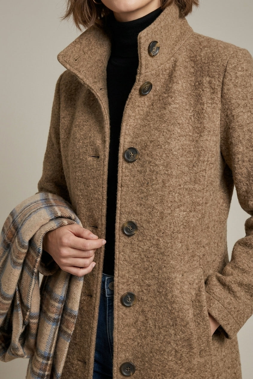 Elegant women's mid-length wool coat with notch collar and button front by Lumina Wear, shown in a classic style.