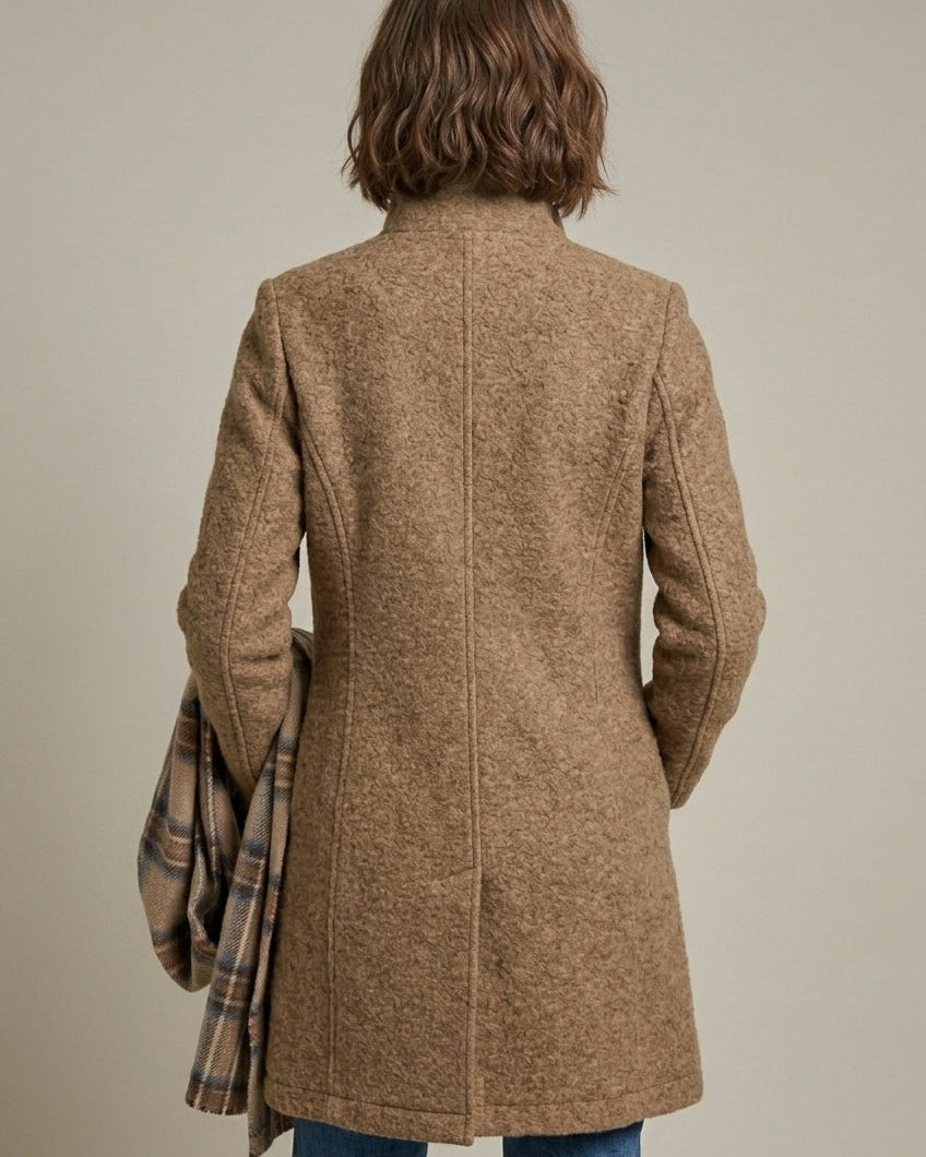 Lumina Wear Isabella wool coat with elegant notch collar, mid-length design, button front, stylish winter outerwear.