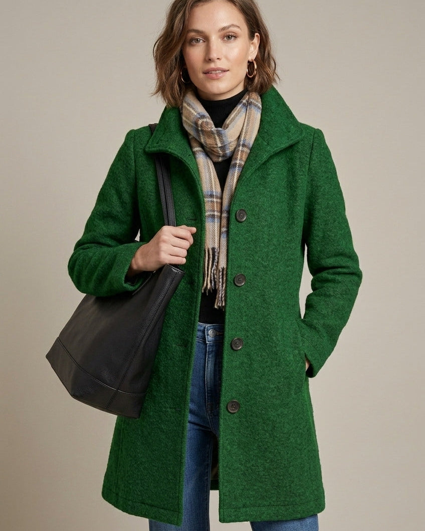Elegant Lumina Wear Isabella wool coat with notch collar, mid-length design, button front, perfect for stylish winter wear.