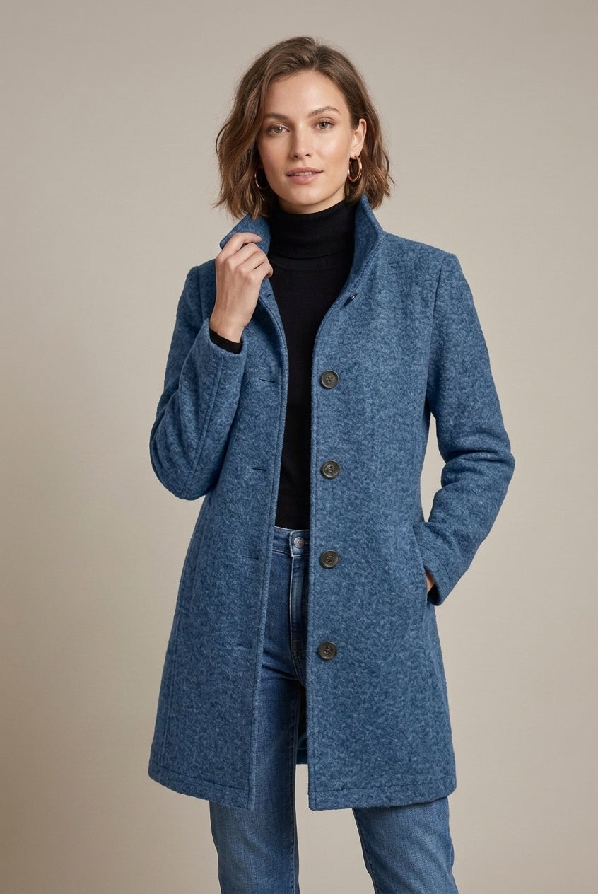 Lumina Wear Isabella women's wool coat with elegant notch collar, mid-length design, and button front, perfect for stylish winter wear.