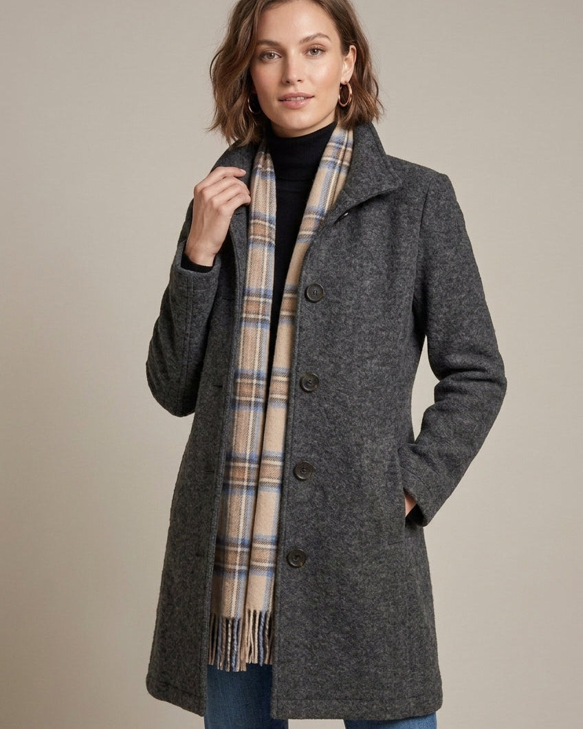 Elegant mid-length wool coat by Lumina Wear featuring a notch collar and button front, displayed on a stylish model.