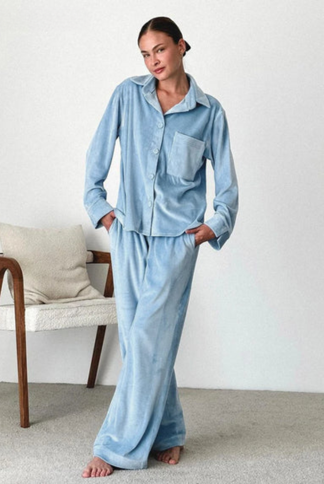 Isabella wearing Lumina Wear's Solange elegant notch collar wide-leg pajama set, featuring a stylish sleepwear design in soft fabric.
