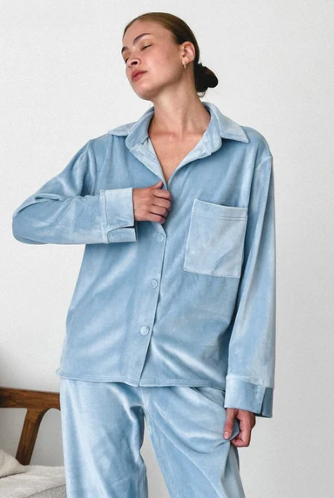 Elegant Solange wide-leg pajama set with notch collar in soft sleepwear fabric by Lumina Wear, shown in a full-length image.