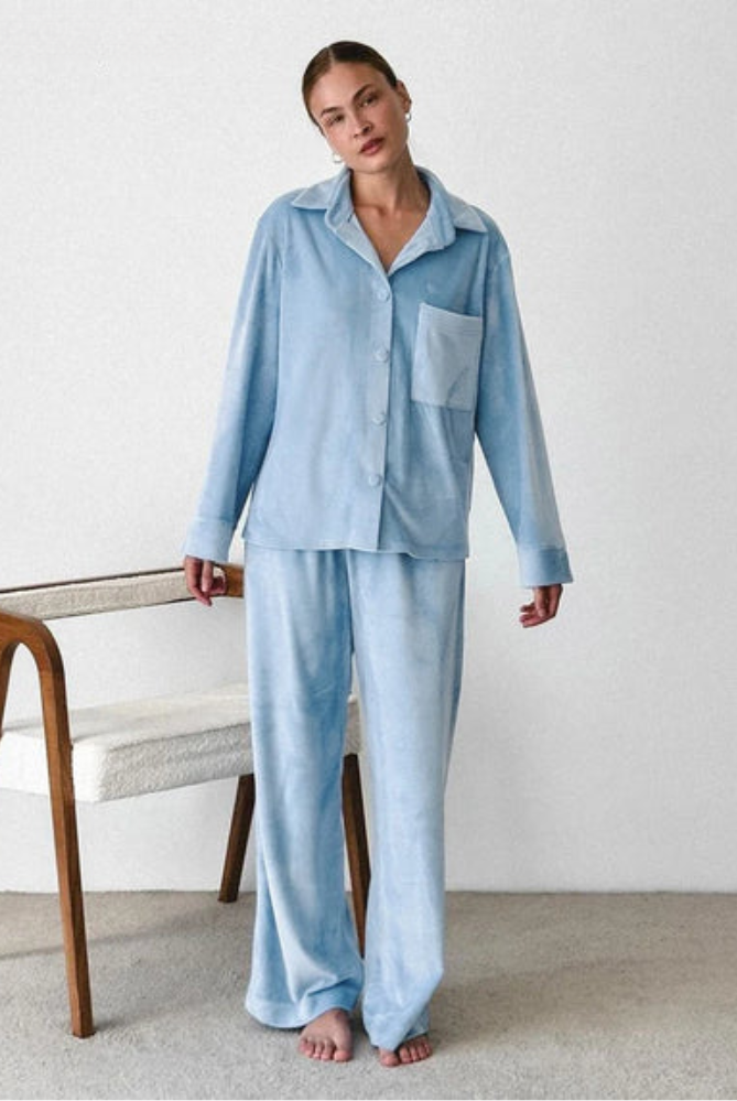 Isabella wearing Lumina Wear Solange elegant notch collar wide leg pajama set, featuring a stylish sleepwear design and comfortable fit.