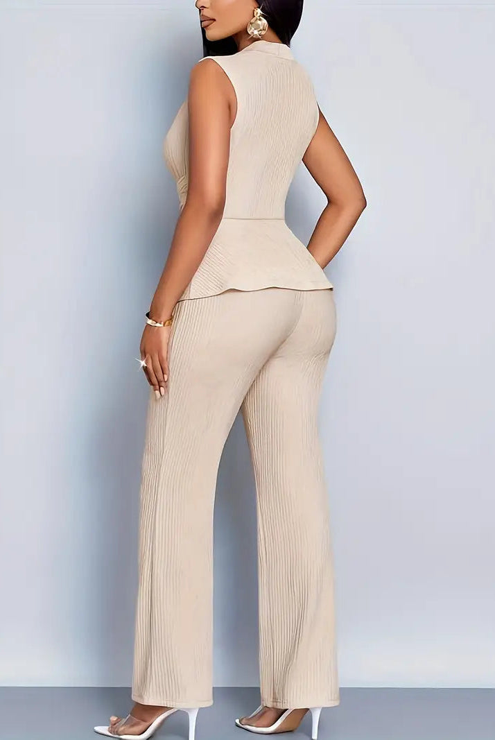 Elegant women's two-piece pants set by Lumina Wear featuring a peplum top and flowing trousers, perfect for stylish occasions.
