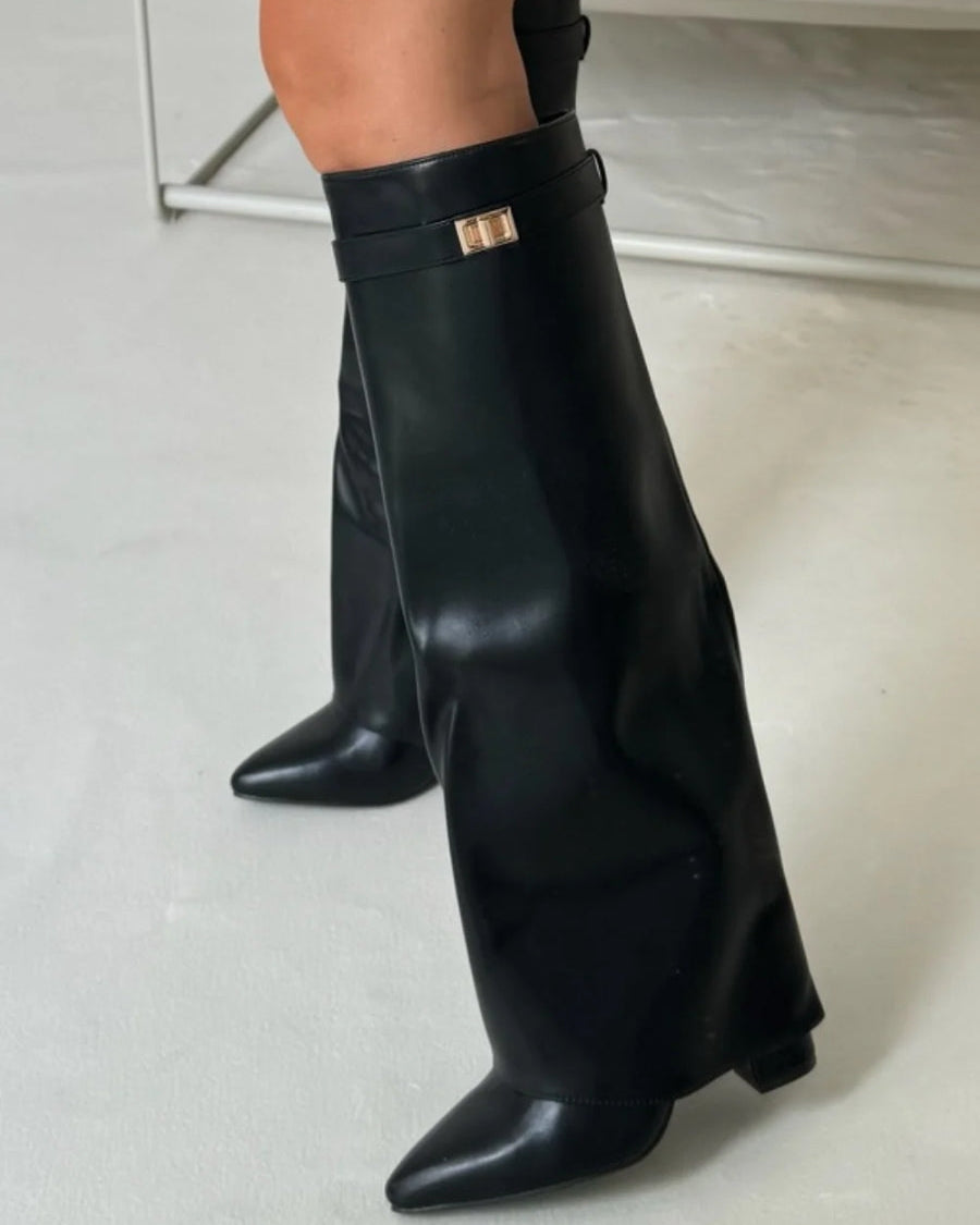 Black knee-high boots with pointed toes and side zipper from Lumina Wear's Isabella collection, featuring an elegant and sleek design.