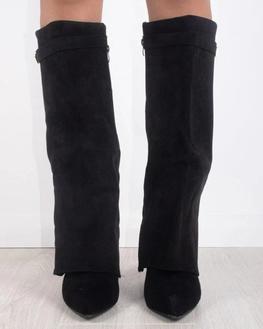 Black pointed toe knee-high boots with side zipper from Lumina Wear's Isabella collection, stylish and elegant footwear.