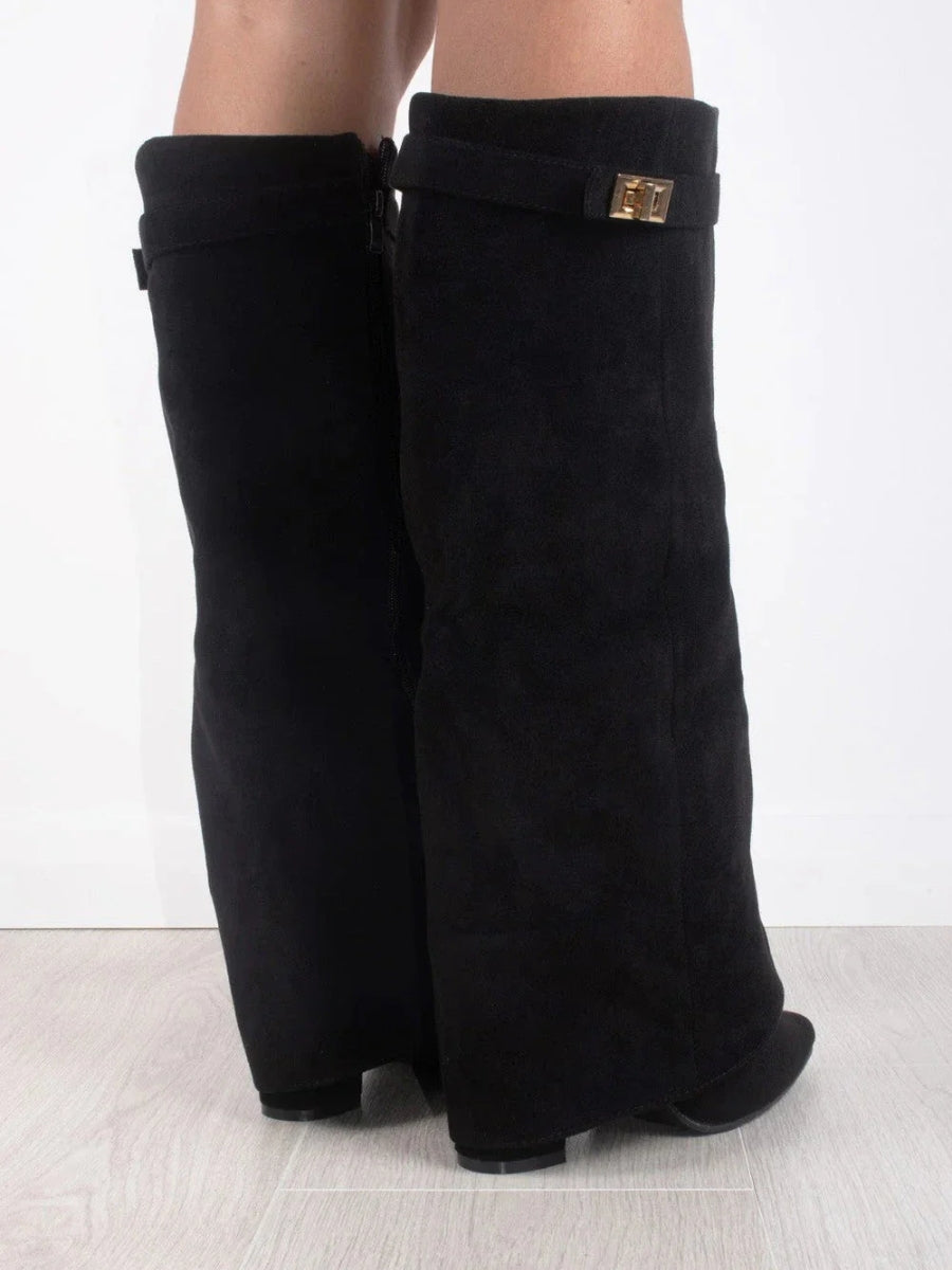 Lumina Wear Isabella black knee-high boots with pointed toes and side zippers, stylish women's footwear with a sleek design.