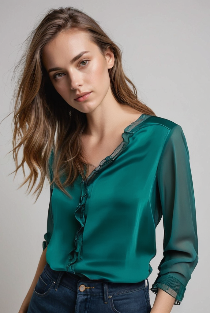 Lumina Wear Isabella elegant ruffle blouse with graceful sleeves, showcasing a stylish and feminine design.