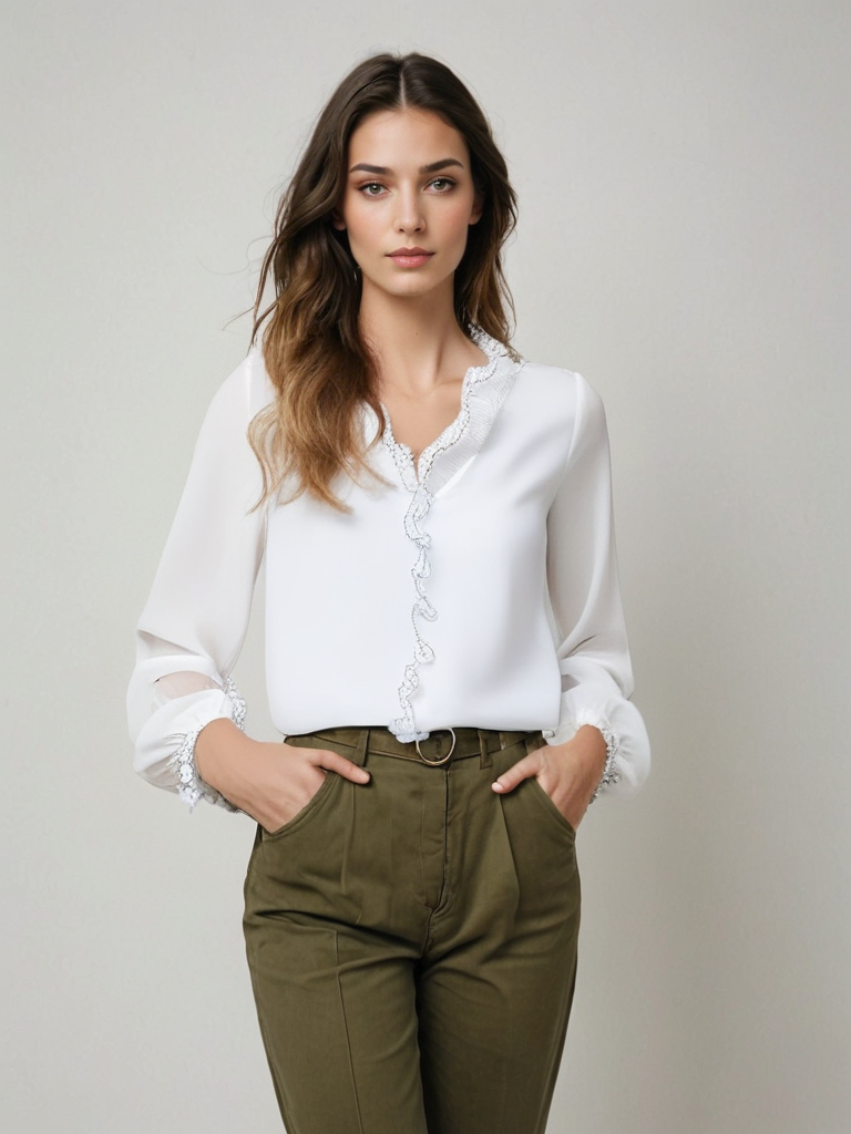 Isabella Lumina Wear elegant ruffle blouse with graceful sleeves, featuring delicate fabric and stylish design for sophisticated look.
