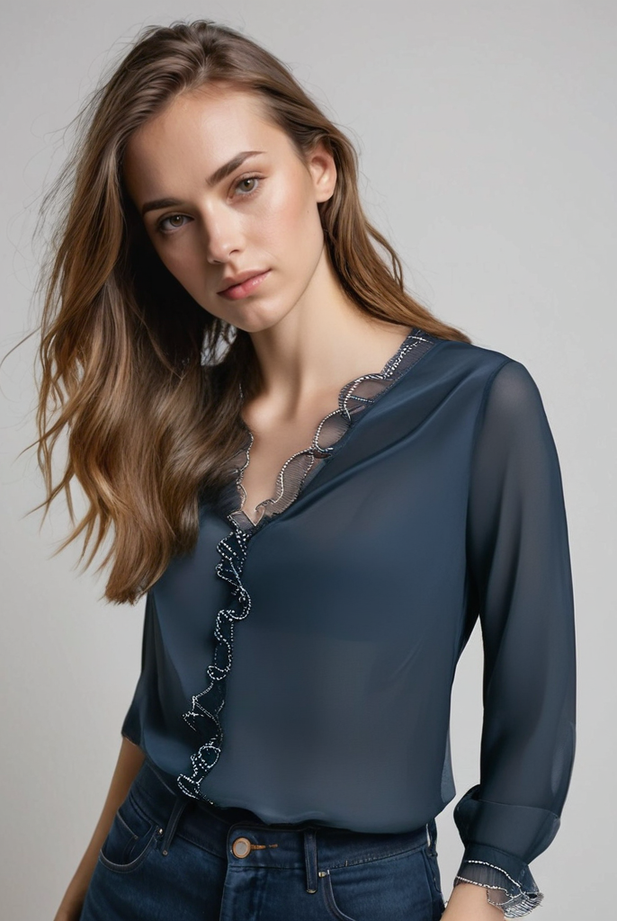 Lumina Wear Isabella elegant ruffle blouse with graceful sleeves, featuring delicate fabric and stylish design.