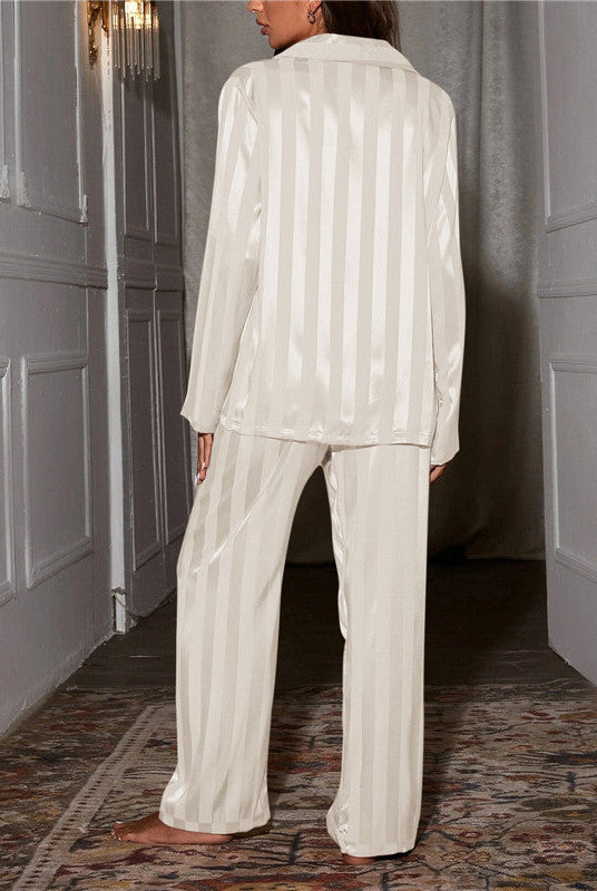 Elegant Satin Stripe Pajama Set by Lumina Wear featuring button front top and wide-leg pants, perfect for comfortable sleepwear.