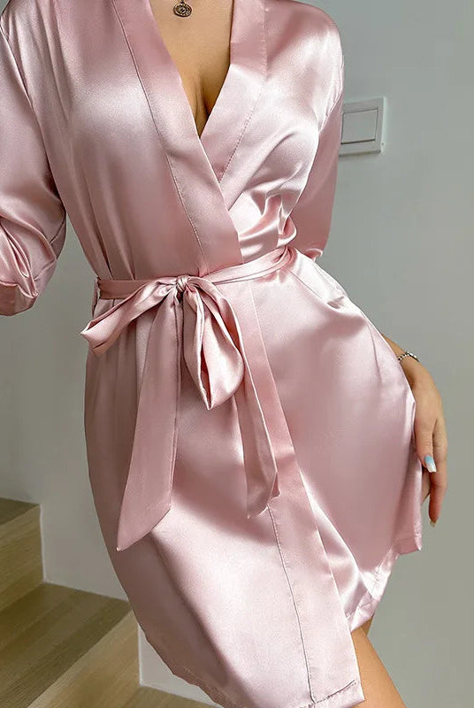 Elegant silk kimono robe by Lumina Wear featuring a V-neck, self-tie belt, and luxurious fabric for sleepwear.
