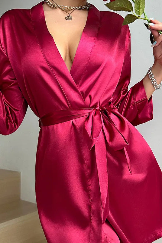 Elegant silk kimono robe by Lumina Wear with V-neck, self-tie belt, and flowing design, perfect for luxurious sleepwear.