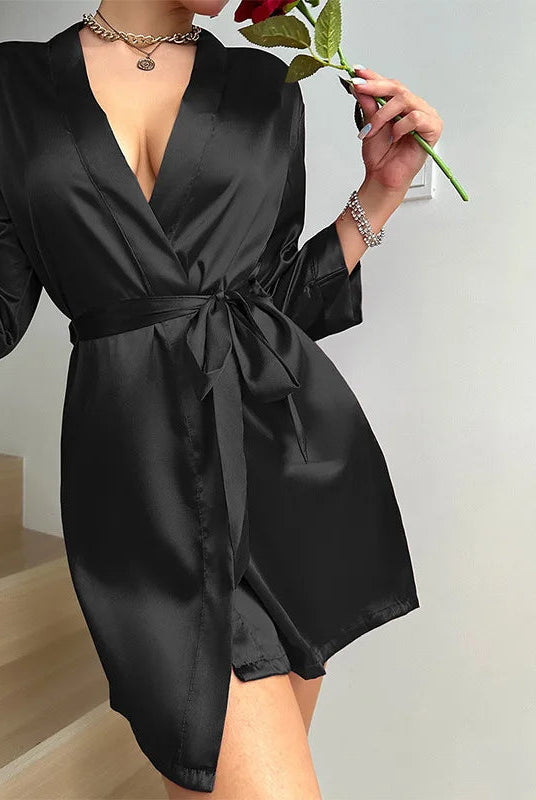 Elegant ivory silk kimono robe with V-neck and self-tie belt, designed by Lumina Wear, displayed on a model.