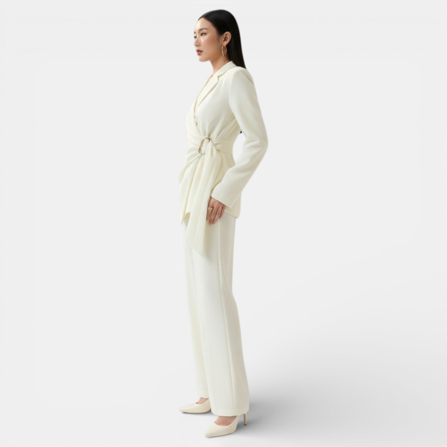 Lumina Wear Isabella women's tailored wrap blazer and wide-leg trousers suit, featuring elegant, sophisticated design.
