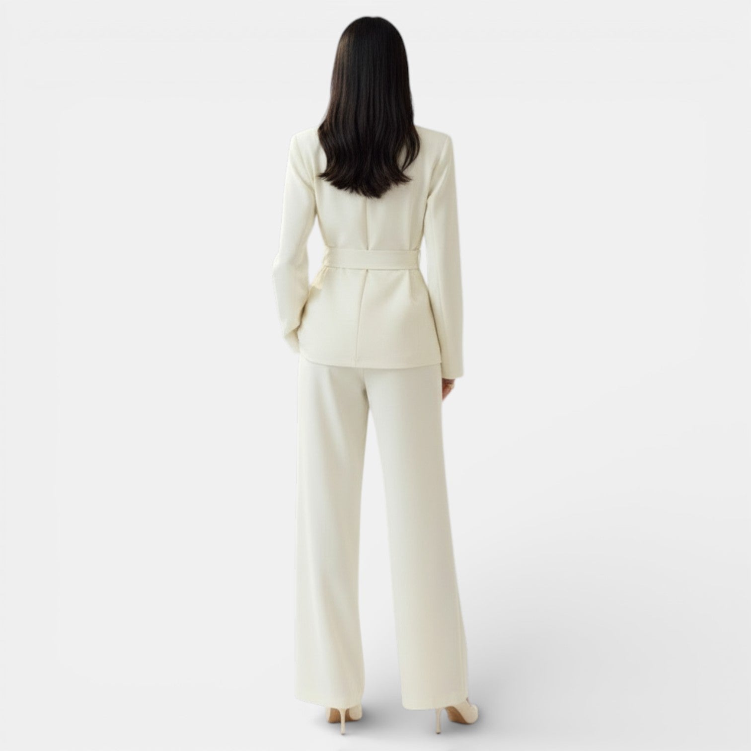 Elegant women's tailored wrap blazer and wide-leg trousers suit by Lumina Wear, featuring sophisticated styling and classic fit.