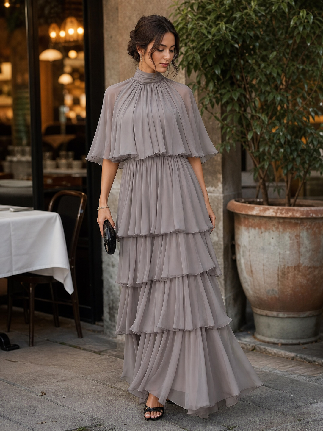 Isabella | Elegant Tiered Pleated Maxi Dress with Sheer Cape Overlay - Lumina 1