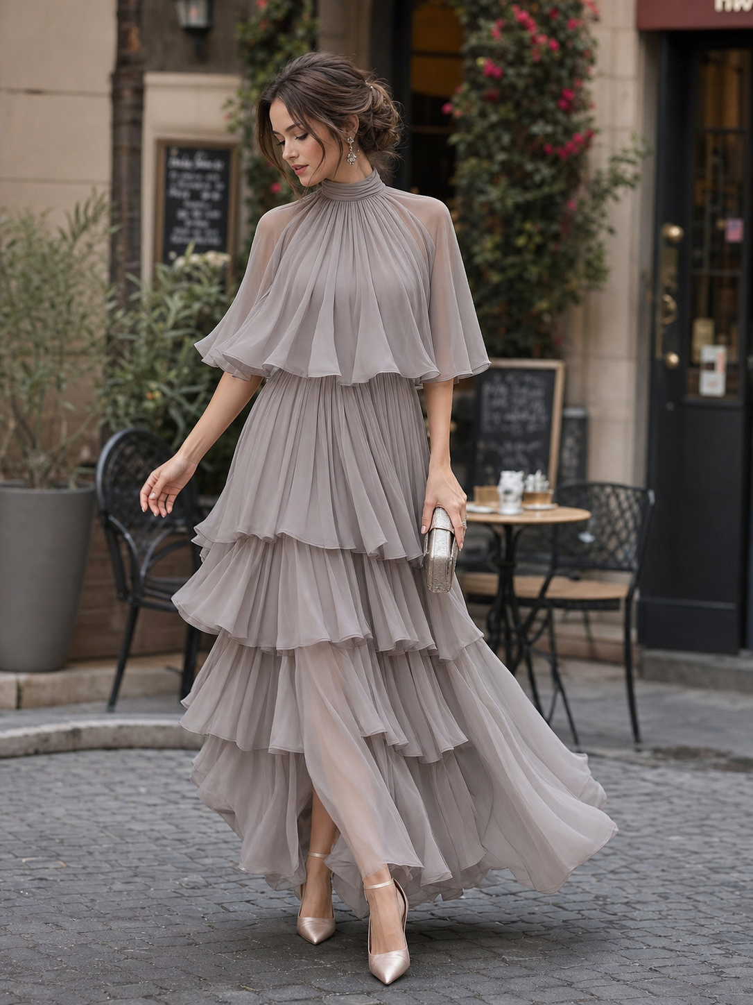 Isabella | Elegant Tiered Pleated Maxi Dress with Sheer Cape Overlay - Lumina 2