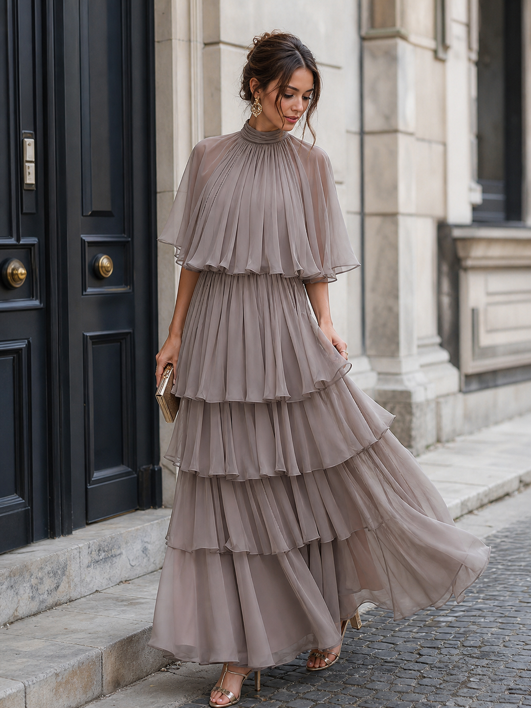 Isabella | Elegant Tiered Pleated Maxi Dress with Sheer Cape Overlay - Lumina 3