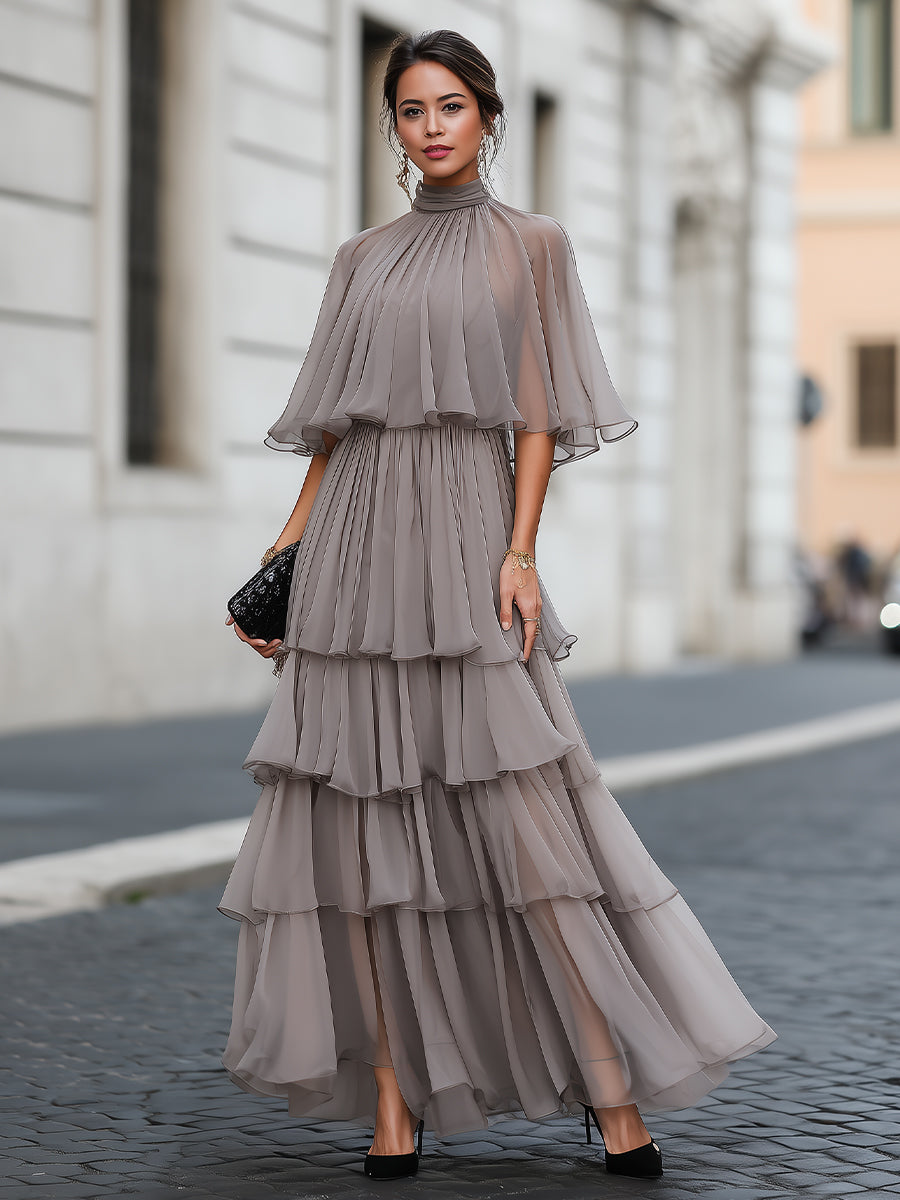 Isabella | Elegant Tiered Pleated Maxi Dress with Sheer Cape Overlay - Lumina 4