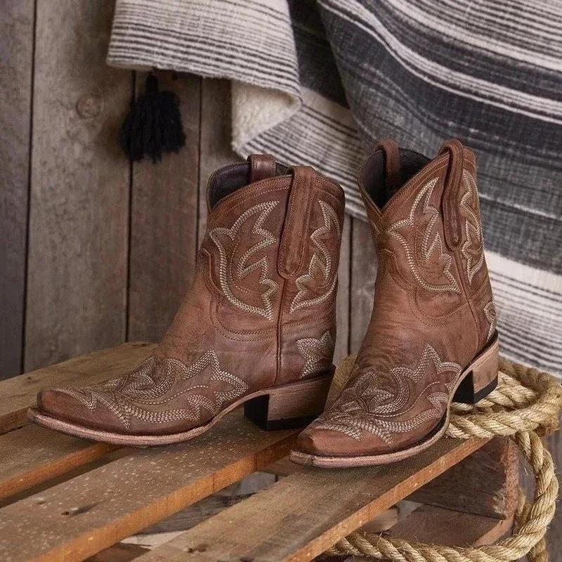 Embroidered mid-calf Western boots with snip toe and block heel by Lumina Wear, featuring intricate embroidery and stylish design.