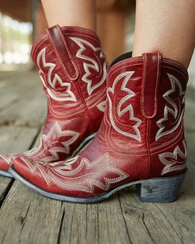 Lumina Wear Isabella embroidered mid-calf snip toe block heel boots showing detailed embroidery and stylish silhouette.