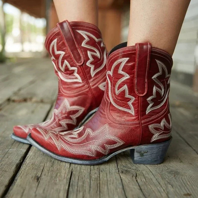 Isabella Lumina Wear embroidered mid-calf western boots with snip toe and block heel, featuring intricate stitching and stylish design.