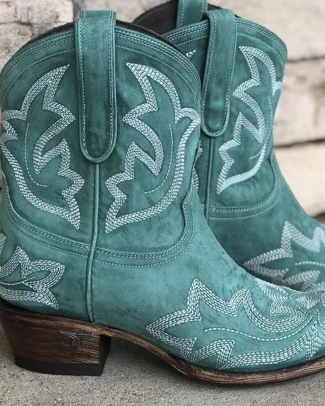 Lumina Wear Isabella embroidered mid-calf snip toe block heel boots, showcasing detailed embroidery and stylish design.