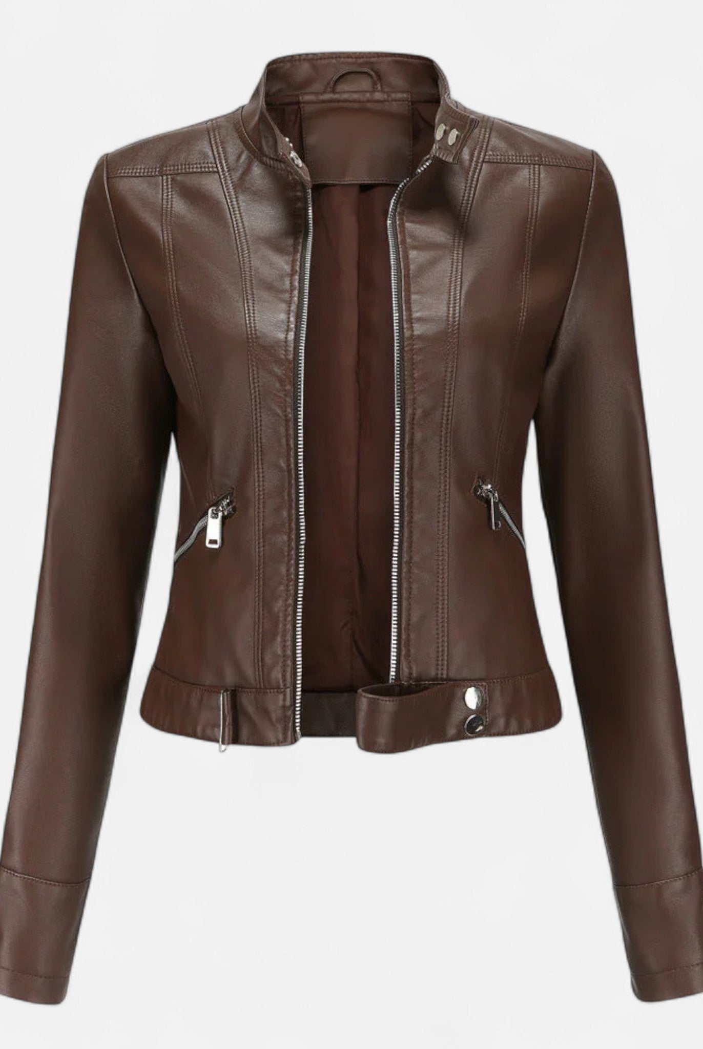 Isabella Lumina women's fitted vegan leather jacket with structured design and waist belt, showcasing a sleek, modern style.