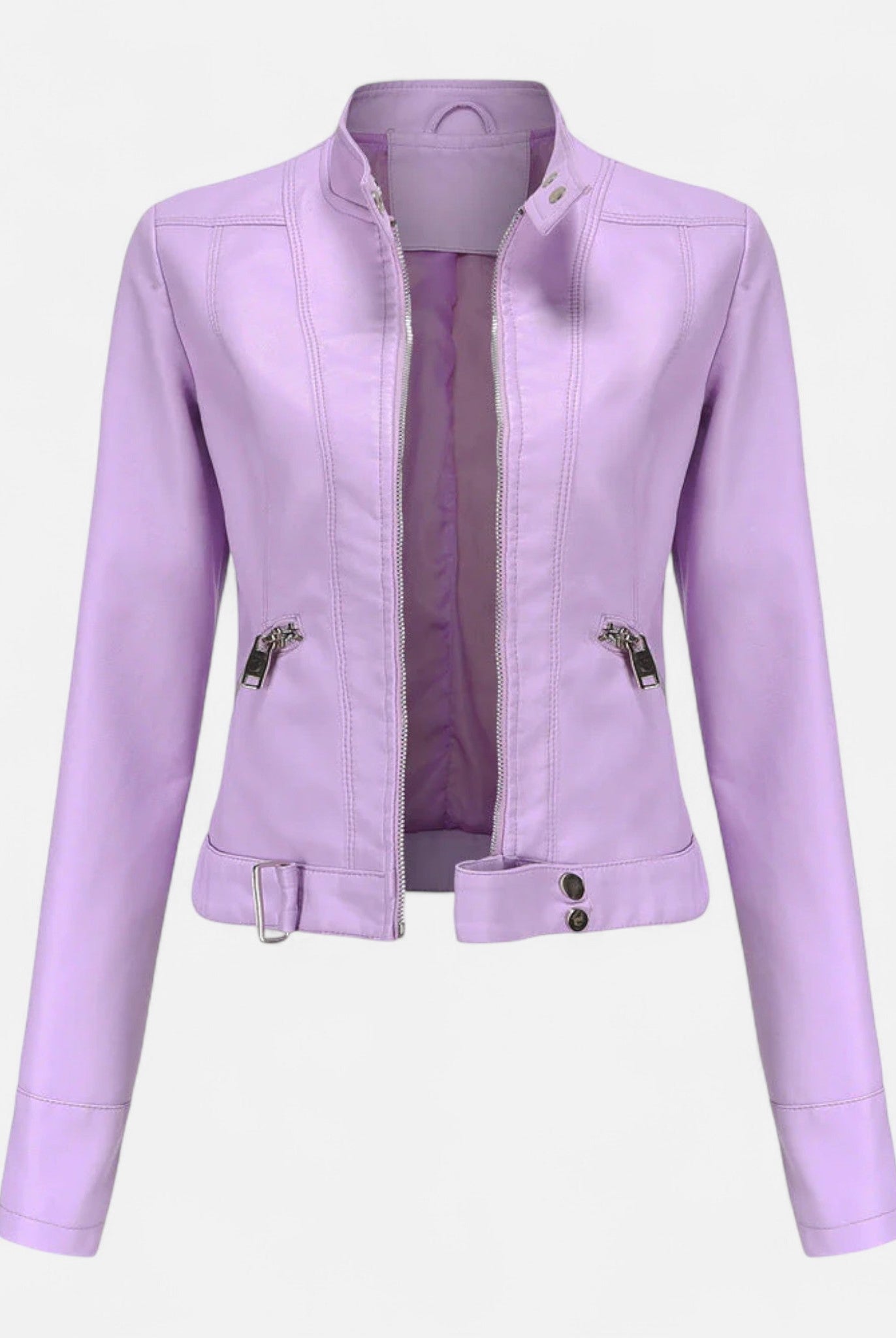 Isabella Lumina women's fitted structured vegan leather jacket with waist belt, black design, and stylish collar detail.