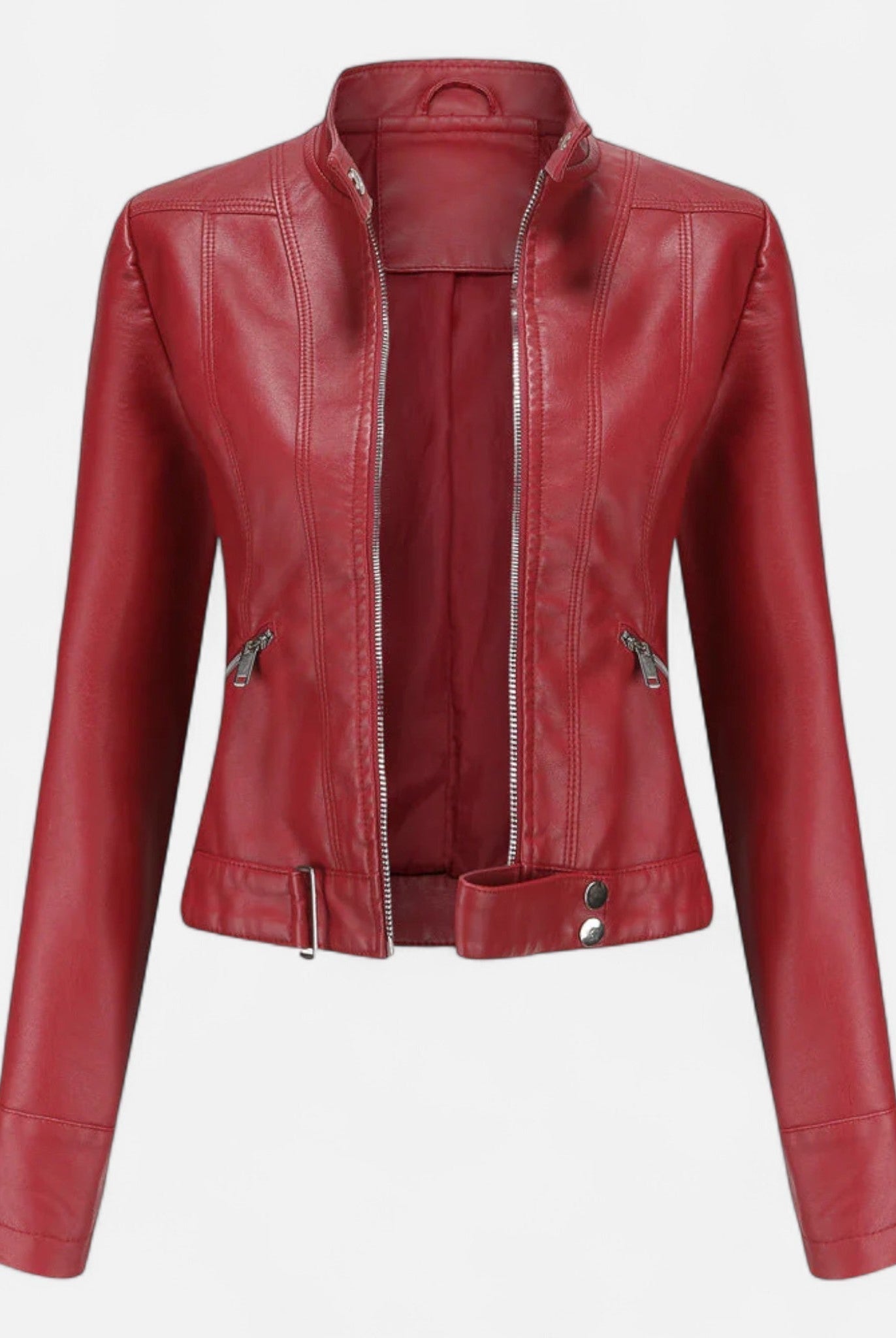 Isabella women's fitted vegan leather jacket with waist belt, structured design, in black, by Lumina Wear.