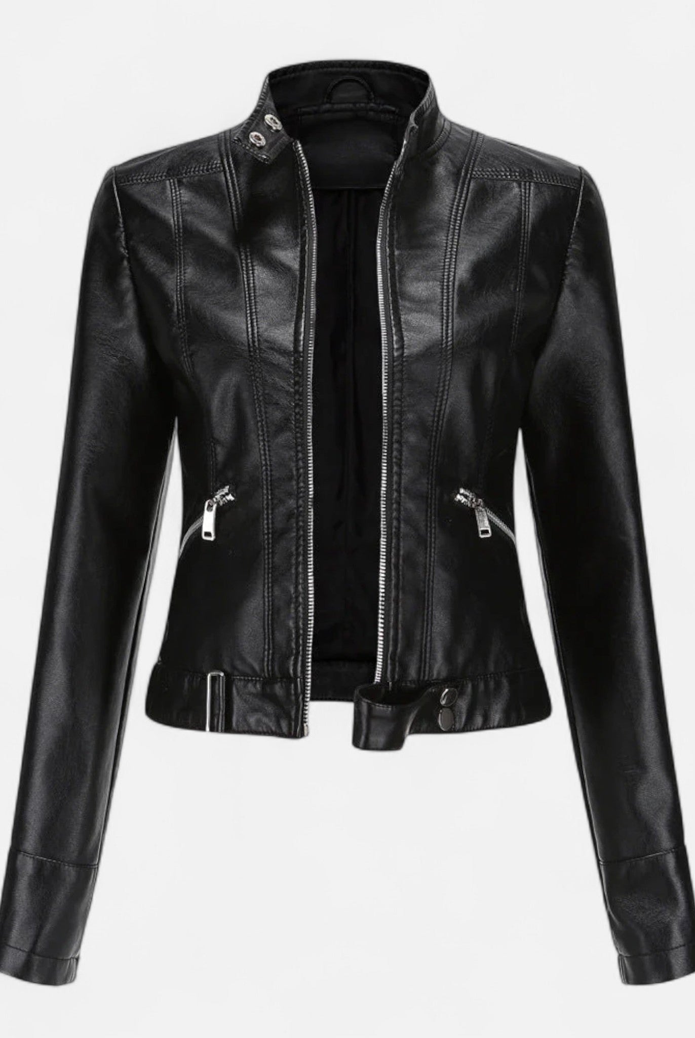 Isabella vegan leather fitted jacket with waist belt, structured design, in black, worn by a woman with stylish accessories.