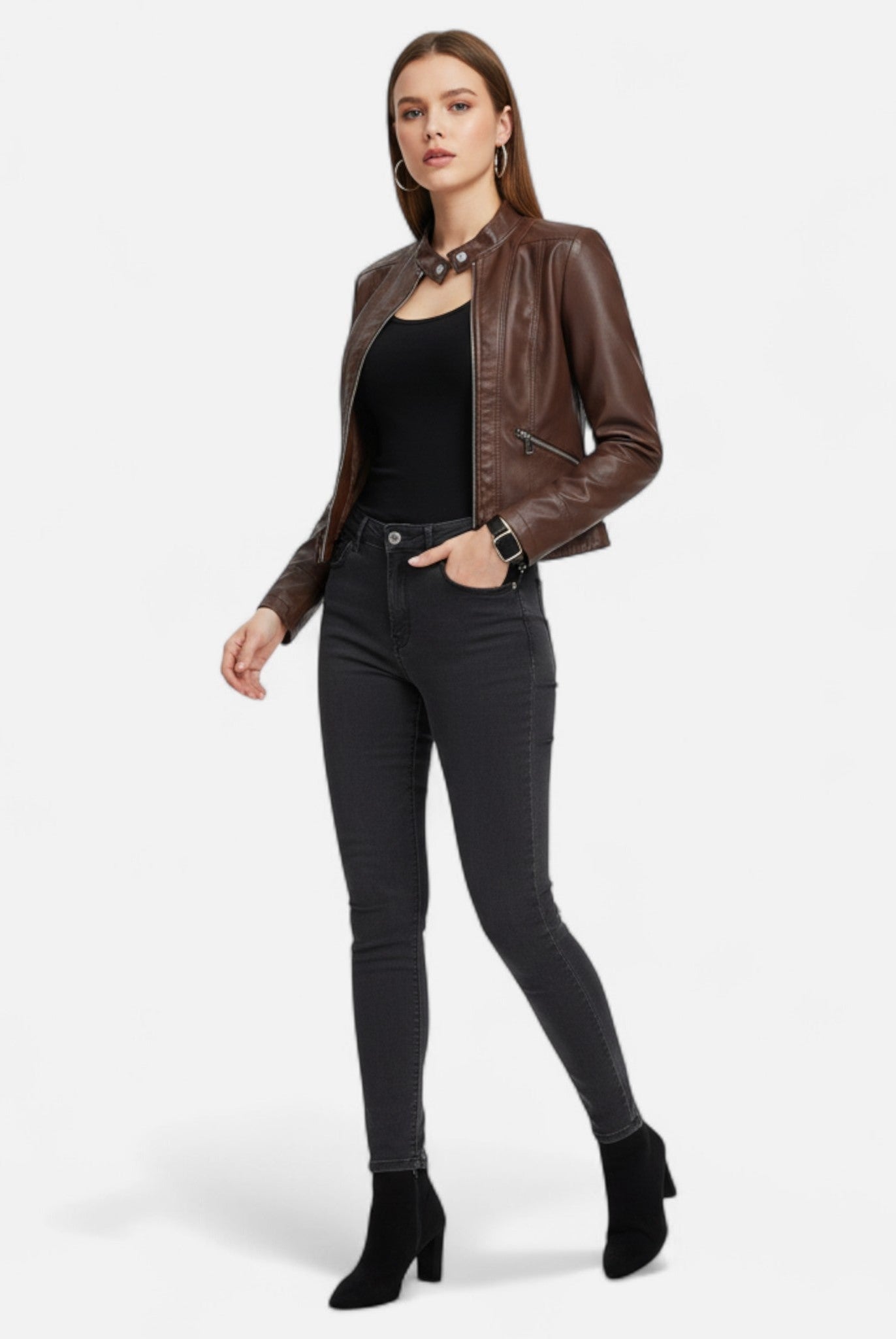 Isabella Lumina women's fitted vegan leather jacket with structured design and waist belt, black, stylish outerwear.