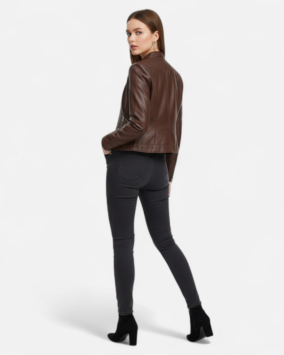 Isabella vegan leather fitted jacket with waist belt from Lumina Wear, showcasing structured design and sleek style.