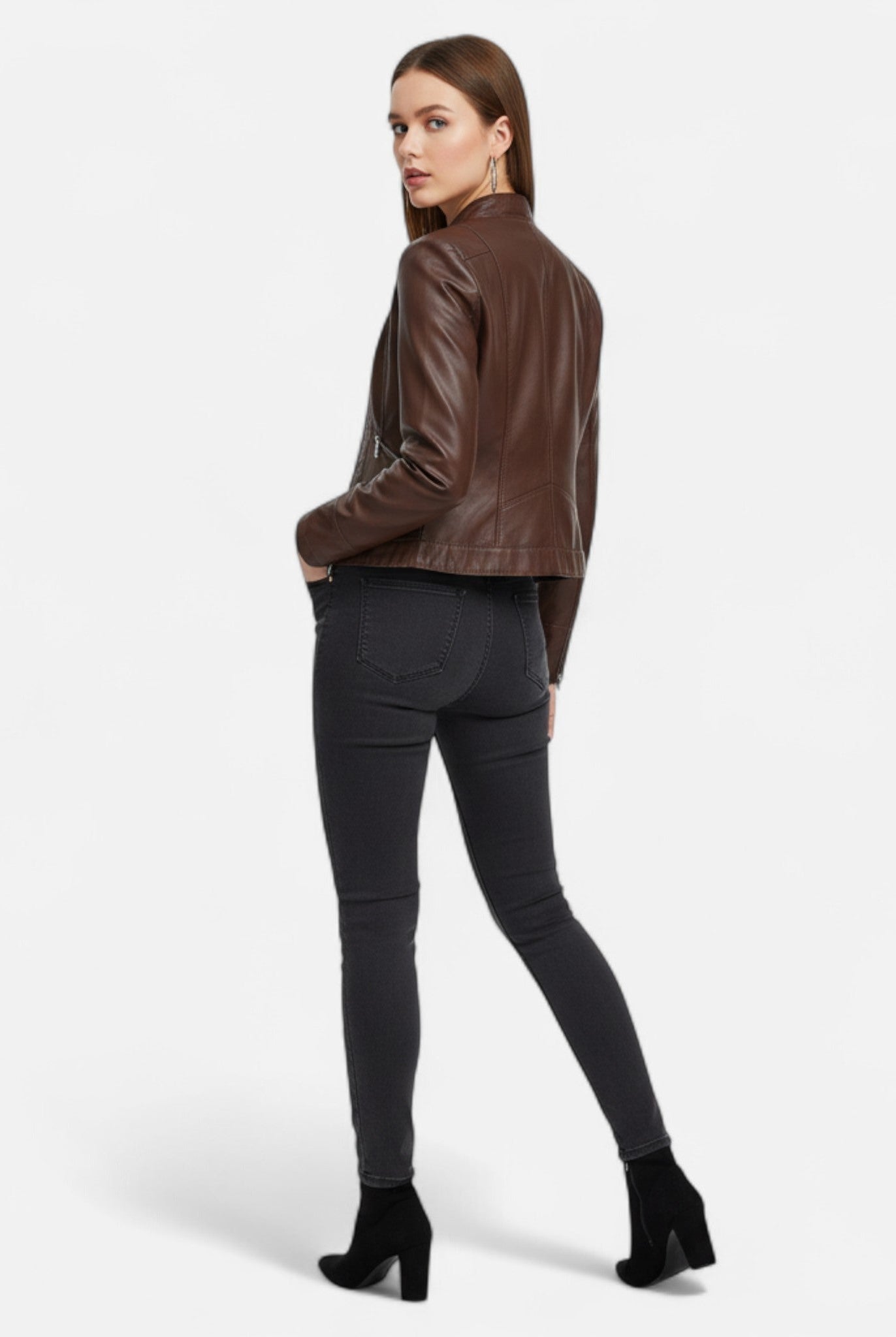 Isabella Lumina women's fitted structured vegan leather jacket with waist belt, featuring a sleek design and stylish details.