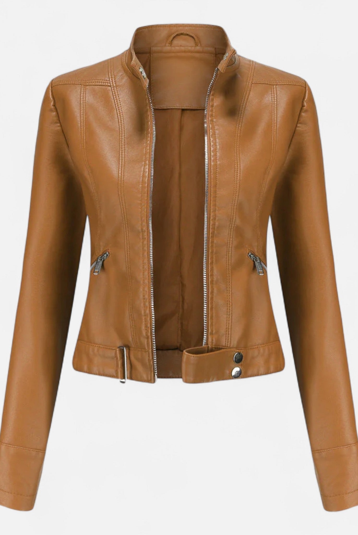 Isabella vegan leather fitted jacket with waist belt from Lumina Wear, featuring structured design and sleek black finish.