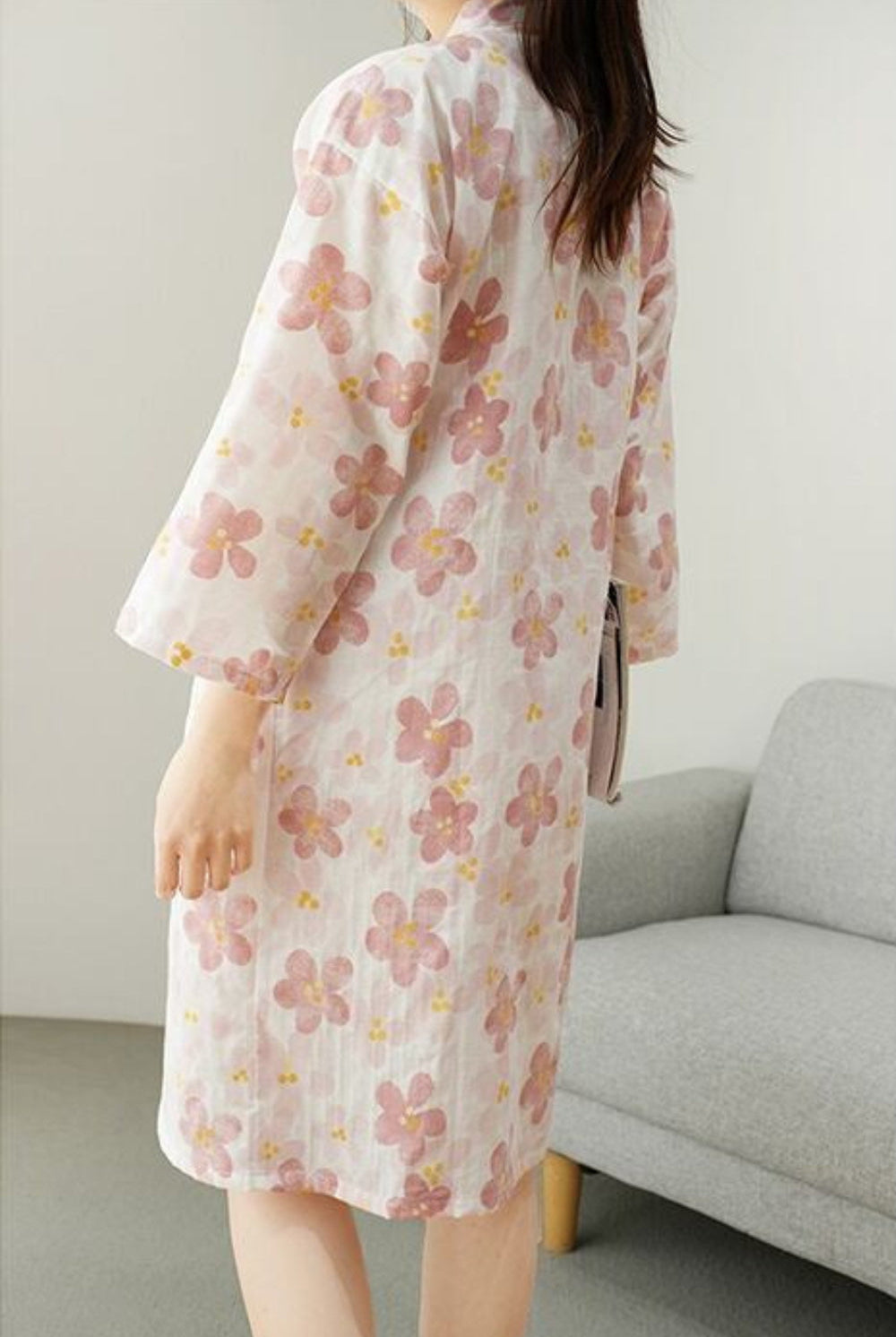 Lumina Wear floral print wrap kimono robe with side tie, featuring a light, flowy sleepwear design with vibrant floral pattern.