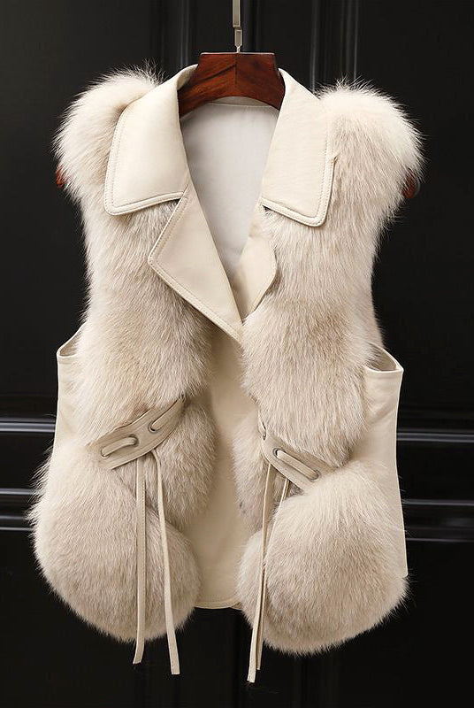 Lumina Wear Isabella fluffy lapel collar vest with waist tie and faux fur trim, stylish sleeveless outerwear for cold weather.