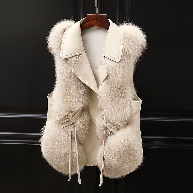 Lumina Wear Isabella fluffy lapel collar vest with waist tie and faux fur trim, stylish sleeveless outerwear for cold weather.