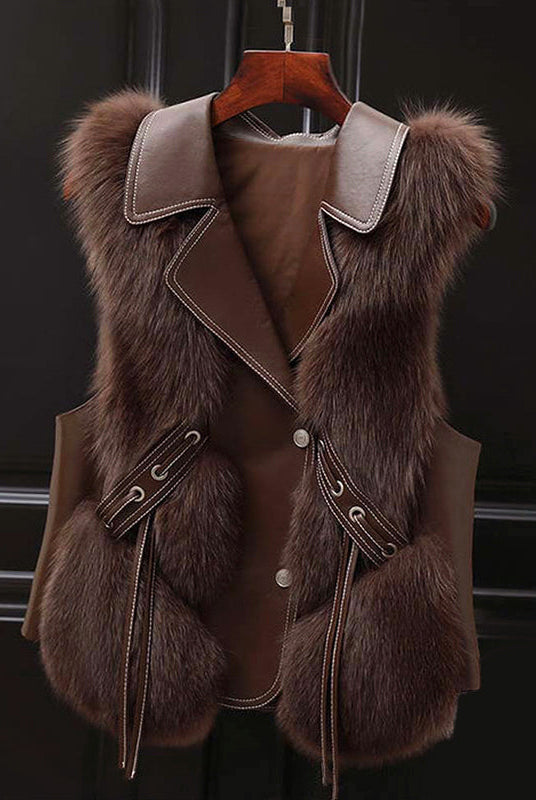 Lumina Wear Isabella fluffy lapel collar waist tie vest with faux fur trim, stylish layering piece for cold weather.